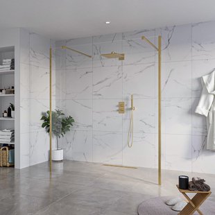 Fortifura Galeria Vrijstaande Inloopdouche - 180x200cm - Helder - antikalk - 8mm veiligheidsglas - 2 zijwanden 40cm - wandsteunen en hoekprofielen - Geborsteld Messing PVD (Goud) SW927770 2x/SW797920/SW797911 2x/SW798731 2x