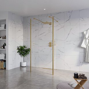 Fortifura Galeria Vrijstaande Inloopdouche - 90x200cm - Helder - antikalk - 8mm veiligheidsglas - 2 zijwanden 40cm - wandsteunen en hoekprofielen - Geborsteld Messing PVD (Goud) SW927770 2x/SW797926/SW797911 2x/SW798731 2x