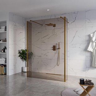 Fortifura Galeria Vrijstaande Inloopdouche - 140x200cm - Rookglas - antikalk - 8mm veiligheidsglas - 2 zijwanden 40cm - wandsteunen en hoekprofielen - Geborsteld koper PVD (Koper) SW927772 2x/SW797946/SW797934 2x/SW876703 2x