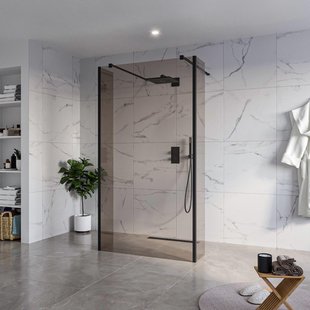 Fortifura Galeria Vrijstaande Inloopdouche - 110x200cm - Rookglas - antikalk - 8mm veiligheidsglas - 2 zijwanden 40cm - wandsteunen en hoekprofielen - Zwart mat SW927767 2x/SW915252/SW797934 2x/SW358025 2x