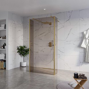 Fortifura Galeria Vrijstaande Inloopdouche - 100x200cm - Rookglas - antikalk - 8mm veiligheidsglas - 2 zijwanden 40cm - wandsteunen en hoekprofielen - Geborsteld Messing PVD (Goud) SW927770 2x/SW797940/SW797934 2x/SW798731 2x