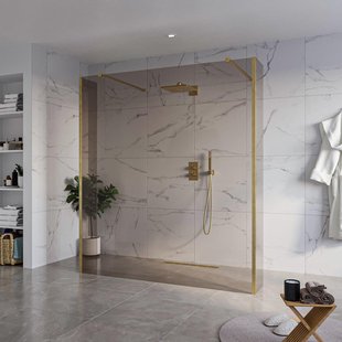 Fortifura Galeria Vrijstaande Inloopdouche - 180x200cm - Rookglas - antikalk - 8mm veiligheidsglas - 2 zijwanden 40cm - wandsteunen en hoekprofielen - Geborsteld Messing PVD (Goud) SW927770 2x/SW797943/SW797934 2x/SW798731 2x