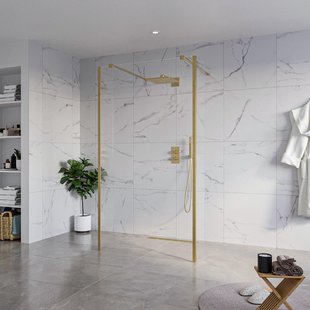 Fortifura Galeria Vrijstaande Inloopdouche - 110x200cm - Helder - antikalk - 8mm veiligheidsglas - 2 zijwanden 30cm - wandsteunen en hoekprofielen - Geborsteld Messing PVD (Goud) SW927770 2x/SW915250/SW797909 2x/SW798731 2x