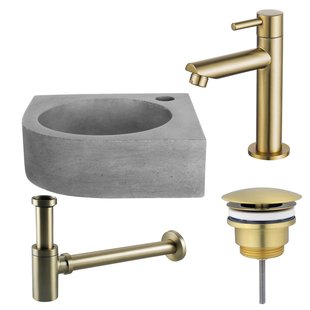 Fortifura Fuente Fonteinset - 31.5x31.5x10cm - 1 kraangat - hoek - fonteinkraan messing geborsteld - beton SW696238/SW696208/SW696218/SW642464