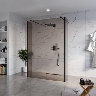 Fortifura Galeria Vrijstaande Inloopdouche - 140x200cm - Rookglas - antikalk - 8mm veiligheidsglas - 2 zijwanden 30cm - wandsteunen en hoekprofielen - Zwart mat SW927767 2x/SW797946/SW797930 2x/SW358025 2x