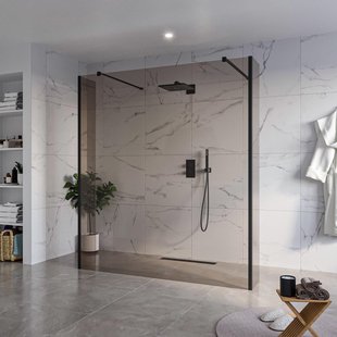 Fortifura Galeria Vrijstaande Inloopdouche - 180x200cm - Rookglas - antikalk - 8mm veiligheidsglas - 2 zijwanden 30cm - wandsteunen en hoekprofielen - Zwart mat SW927767 2x/SW797943/SW797930 2x/SW358025 2x