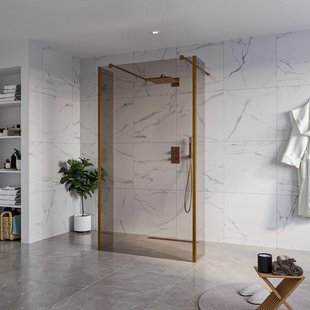 Fortifura Galeria Vrijstaande Inloopdouche - 110x200cm - Rookglas - antikalk - 8mm veiligheidsglas - 2 zijwanden 30cm - wandsteunen en hoekprofielen - Geborsteld koper PVD (Koper) SW927772 2x/SW915252/SW797930 2x/SW876703 2x