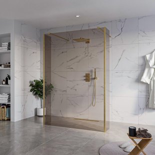 Fortifura Galeria Vrijstaande Inloopdouche - 140x200cm - Rookglas - antikalk - 8mm veiligheidsglas - 2 zijwanden 30cm - wandsteunen en hoekprofielen - Geborsteld Messing PVD (Goud) SW927770 2x/SW797946/SW797930 2x/SW798731 2x
