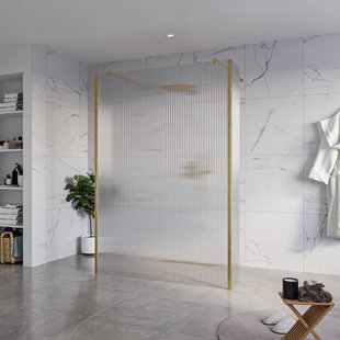 Fortifura Galeria Vrijstaande Inloopdouche - 140x200cm - Helder geribbeld - antikalk - 8mm veiligheidsglas - 2 zijwanden 40cm - wandsteunen en hoekprofielen - Geborsteld Messing PVD (Goud) SW927770 2x/SW797954/SW797948 2x/SW798731 2x