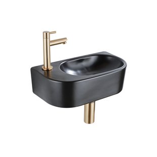 QeramiQ Fuente Fonteinset - 40x21.5x12cm - links - glad - halfrond - 1 kraangat - keramiek - fonteinkraan geborsteld messing - afvoerplug - verlaagd sifon - zwart mat SW1209556/SW696208/SW696218/SW696238