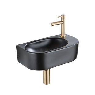 QeramiQ Fuente Fonteinset - 40x21.5x12cm - rechts - glad - halfrond - 1 kraangat - keramiek - fonteinkraan geborsteld messing - afvoerplug - verlaagd sifon - zwart mat SW1209552/SW696208/SW696218/SW696238