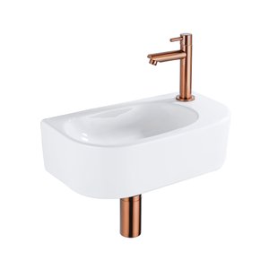 QeramiQ Fuente Fonteinset - 40x21.5x12cm - rechts - glad - halfrond - 1 kraangat - keramiek - fonteinkraan geborsteld koper - afvoerplug - verlaagd sifon - wit glans SW1209550/SW799405/SW799403/SW970033