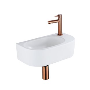 QeramiQ Fuente Fonteinset - 40x21.5x12cm - rechs - glad - halfrond - 1 kraangat - keramiek - fonteinkraan geborsteld koper - afvoerplug - verlaagd sifon - wit mat SW1209551/SW799405/SW799403/SW970033