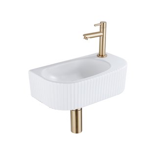 QeramiQ Fuente Fonteinset - 40x21.5x12cm - rechts - geribbeld - halfrond - 1 kraangat - keramiek - fonteinkraan geborsteld messing - afvoerplug - verlaagd sifon - wit mat SW1209543/SW696208/SW696218/SW696238