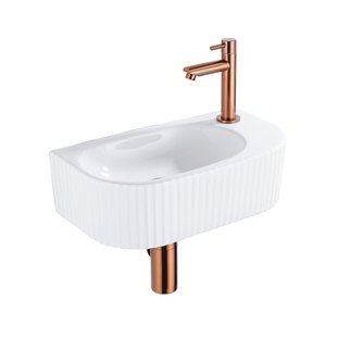 QeramiQ Blend Fonteinset - 40x21.5x12cm - rechts - geribbeld - halfrond - 1 kraangat - keramiek - fonteinkraan geborsteld koper - afvoerplug - verlaagd sifon - wit glans SW1209542/SW799405/SW799403/SW970033