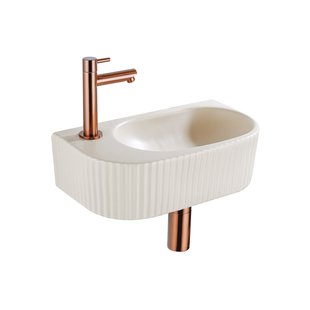 QeramiQ Fuente Fonteinset - 40x21.5x12cm - links - geribbeld - halfrond - 1 kraangat - keramiek - fonteinkraan geborsteld koper - afvoerplug - verlaagd sifon - beige SW1209549/SW799405/SW799403/SW970033