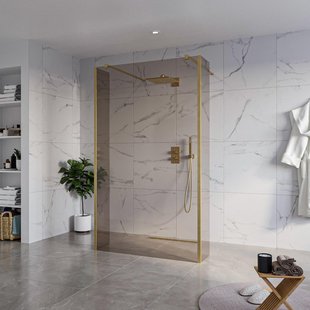 Fortifura Galeria Vrijstaande Inloopdouche - 120x200cm - Rookglas - antikalk - 8mm veiligheidsglas - 2 zijwanden 40cm - wandsteunen en hoekprofielen - Geborsteld Messing PVD (Goud) SW927770 2x/SW797944/SW797934 2x/SW798731 2x