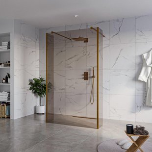 Fortifura Galeria Vrijstaande Inloopdouche - 120x200cm - Rookglas - antikalk - 8mm veiligheidsglas - 2 zijwanden 30cm - wandsteunen en hoekprofielen - Geborsteld koper PVD (Koper) SW927772 2x/SW797944/SW797930 2x/SW876703 2x