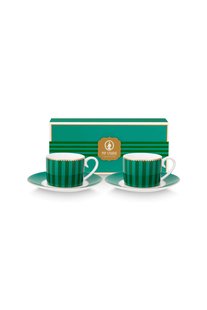Pip Studio Set/2 Espresso Kop & Schotel Love Birds Gestreept Emerald-Groen