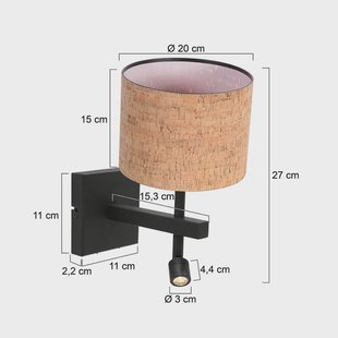 Steinhauer Wandlamp Stang, zwart/bruin LED leeslampje Hoogte 27 cm Kurk