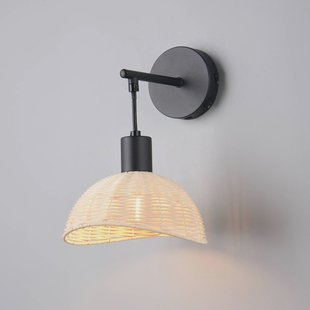 Reality Leuchten Wandlamp Calvi, rotan naturel, zwart, metaal, Ø 18 cm