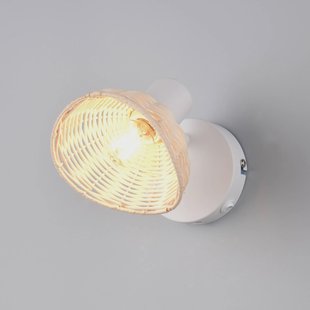 Reality Leuchten Wandlamp Calvi, wit, rotan naturel, Ø 13 cm, schakelaar