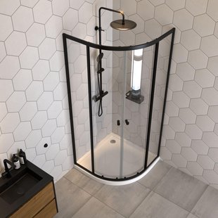 Sealskin Hooked 4-delige kwartrond - 90x90 cm - 550 mm radius - 6 mm helder veiligheidsglas - met Sealglas-coating - zwart mat CCX6290C6195100