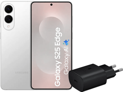 Samsung Galaxy S25 Edge 256GB Zilver 5G + Samsung Oplader 25 Watt Zwart