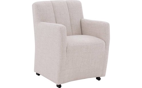 Goossens Eetkamerstoel Lewise beige stof met armleuning en met wielen, stijlvol landelijk