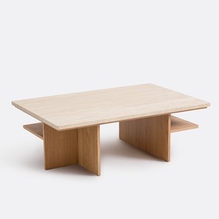 Salontafel XL, travertin en eikenfineer, 120 cm breed, CALISTE