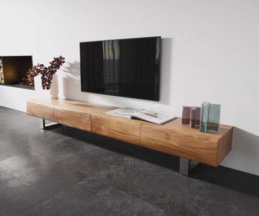 DELIFE TV-meubel New Live-Edge 240 cm acacia natuur 4 schuifladen sledepoten RVS geborsteld