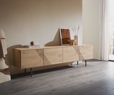DELIFE TV-meubel Tereos 220 cm eiken natuur 3D-effect 4 deuren ronde voet metaal zwart