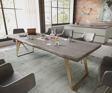 DELIFE Eettafel Edge 260x100 XL acacia platina  roestvrij staal Gold schuin Live-Edge