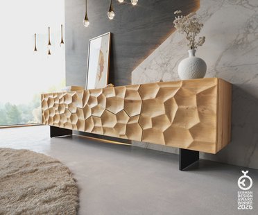 DELIFE Tv-meubel Solu 220 cm natuurlijk eiken 2 deuren 4 laden onderstel zwevend metaal zwart 3D front
