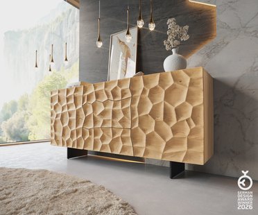 DELIFE Dressoir Solu 175 cm natuur eiken 2 deuren 3 laden onderstel zwevend metaal zwart 3D-front