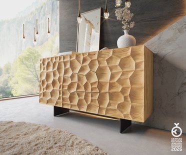 DELIFE Dressoir Solu 145 cm natuur eiken 2 deuren 3 laden onderstel zwevend metaal zwart 3D front