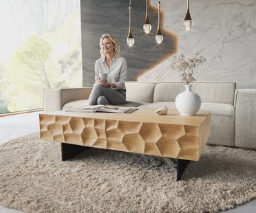 DELIFE Salontafel Solu 120 cm natuur eiken 4 Lades poot zwevend metaal zwart 3D Front