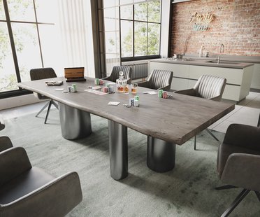 DELIFE Eetkamertafel Edge 260x100 acacia platina Troa roestvrij staal grafiet Live-Edge