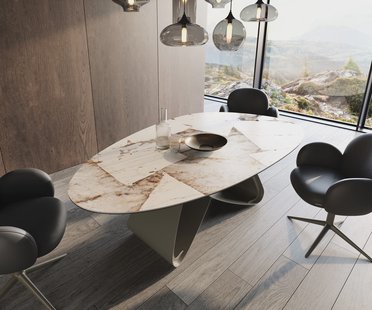DELIFE Eettafel Edge Oval 220x120 keramiek  Iris FMG Patagonia Lappato W-frame metaal effectafwerking Titan