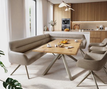DELIFE Eetkamerbank Taya-Flex 285x190 cm microvelours beige vintage hoekig kruisframe afwerking met titaniumeffect pocketvering links