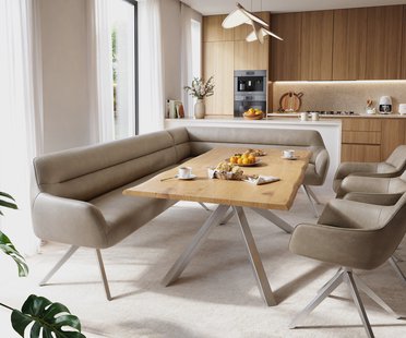 DELIFE Eetkamerbank Taya-Flex 285x190 cm microvelours beige vintage hoekig kruisframe roestvrij staal pocketvering links