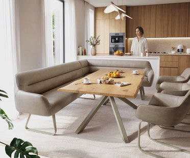 DELIFE Eetkamerbank Taya-Flex 285x190 cm microvelours beige vintage platte sledebasis afwerking met titaniumeffect pocketvering links