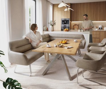 DELIFE Eetkamerbank Taya-Flex 285x190 cm microvelours beige vintage platte sledebasis roestvrij staal pocketvering links