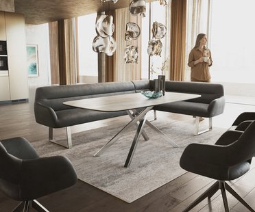 DELIFE Eetkamerbank Taya-Flex 285x190 cm microvelours anthraciet vintage gekant sledeframe roestvrij staal pocketvering links