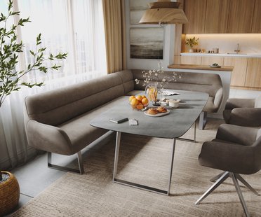 DELIFE Eetkamerbank Taya-Flex 285x190 cm microvelours taupe vintage gekant sledeframe roestvrij staal pocketvering links