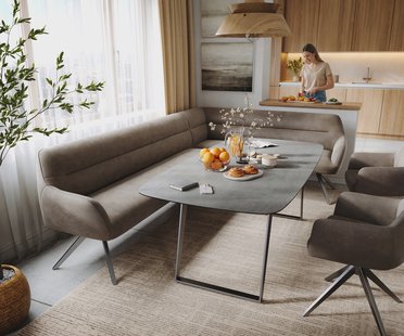DELIFE Eetkamerbank Taya-Flex 285x190 cm microvelours taupe vintage hoekig kruisframe grafiet pocketvering links