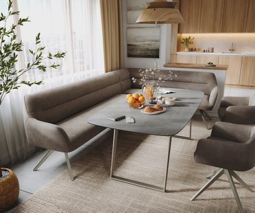 DELIFE Eetkamerbank Taya-Flex 285x190 cm microvelours taupe vintage hoekig kruisframe afwerking met titaniumeffect pocketvering links