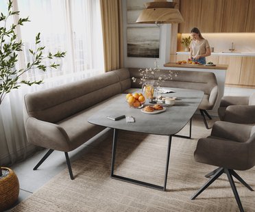 DELIFE Eetkamerbank Taya-Flex 285x190 cm microvelours taupe vintage hoekig kruisframe zwart pocketvering links