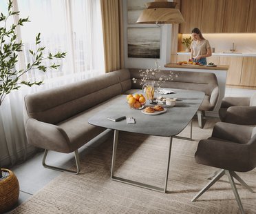 DELIFE Eetkamerbank Taya-Flex 285x190 cm microvelours taupe vintage platte sledebasis afwerking met titaniumeffect pocketvering links
