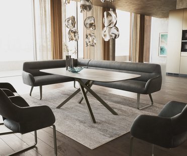 DELIFE Eetkamerbank Taya-Flex 285x190 cm microvelours anthraciet vintage platte sledebasis afwerking met titaniumeffect pocketvering rechts